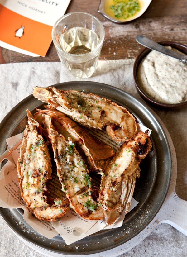 Garlic butter moreton bay bug tails with garlic and walnut mayo