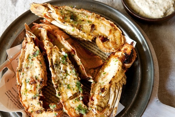 Garlic butter Moreton Bay bug tails with garlic & walnut mayo
