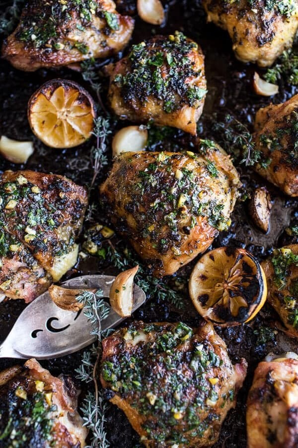 Garlic butter roasted chicken thighs with charred lemon salsa verde + asparagus