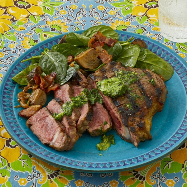 Garlic butter steak with warm spinach salad