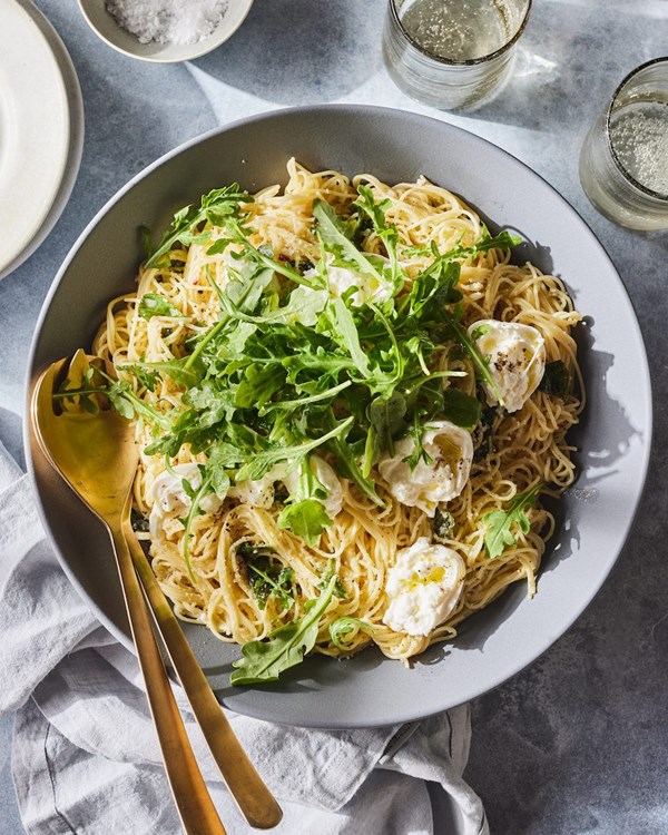 Garlic buttered angel hair with burrata