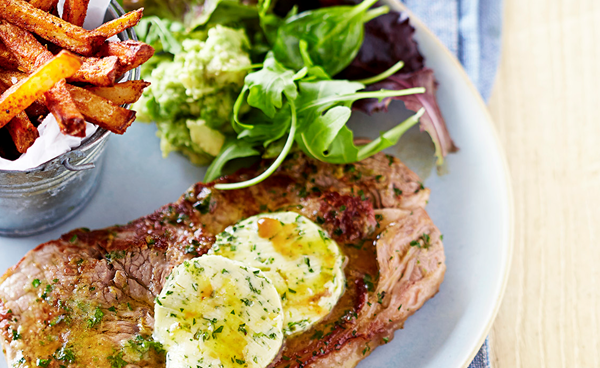 Garlic buttered steaks with piri piri fries