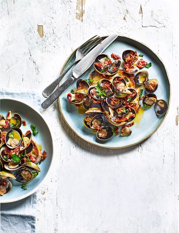 Garlic chilli clams on sourdough toast