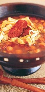 Garlic, chorizo and chickpea broth with egg noodles