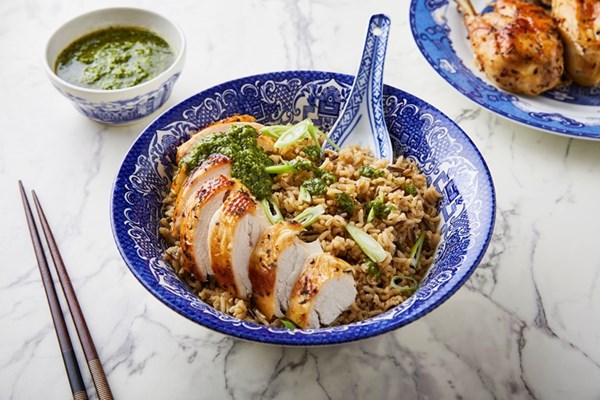 Garlic, coriander and white pepper roast chicken rice 