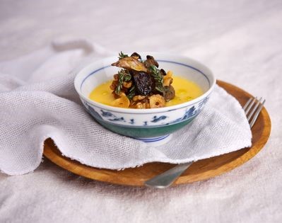 Garlic flan with exotic mushrooms