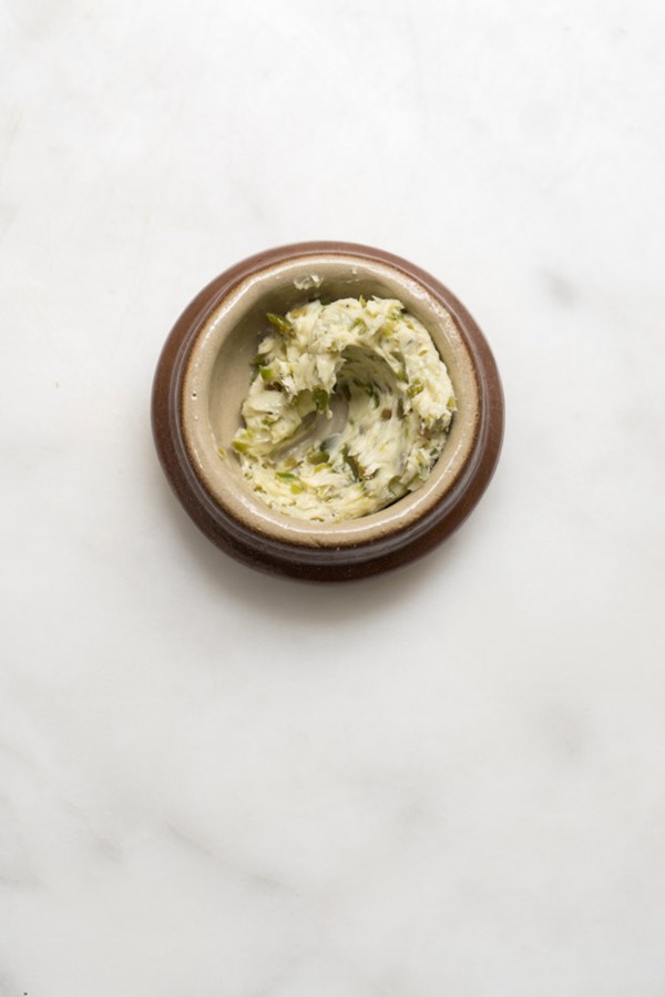 Garlic green olive butter
