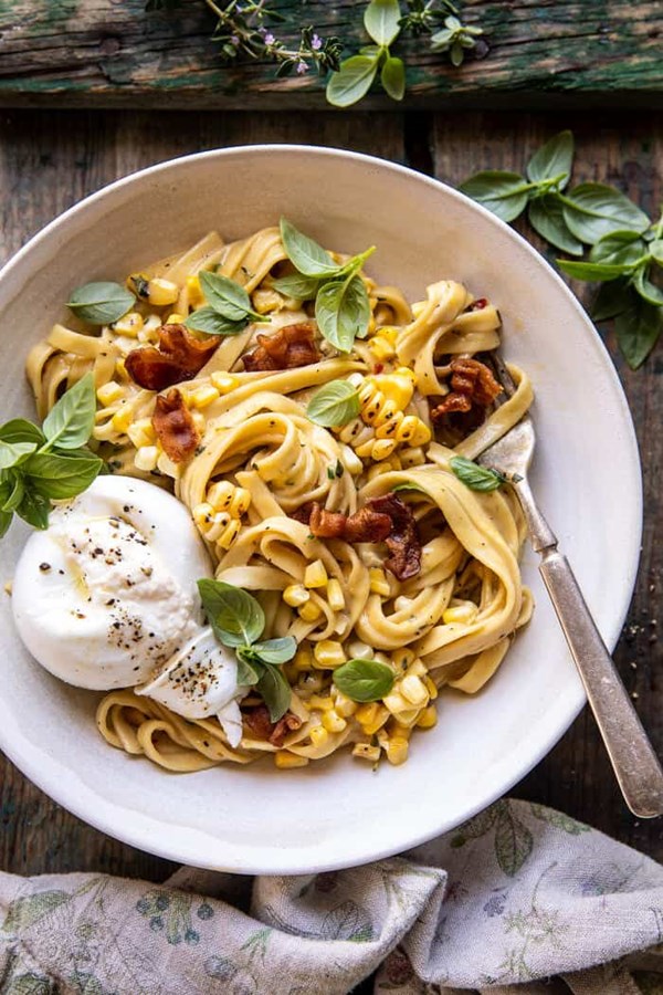 Garlic herb corn carbonara with burrata