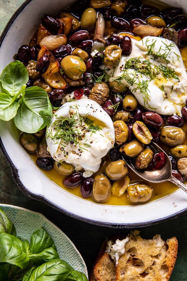 Garlic herb roasted olives with burrata
