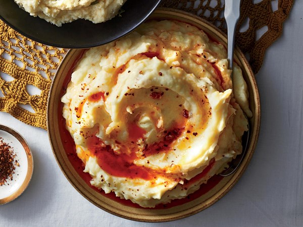 Garlic mashed potatoes with chile-paprika butter