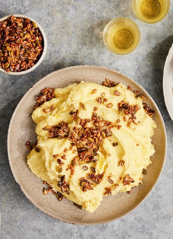 Garlic mashed potatoes with crunchy seedy crumbs
