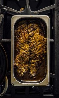 Garlic miso steak with roasted bell pepper sauce