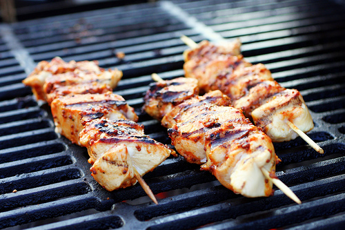 Garlic-mustard glazed skewers