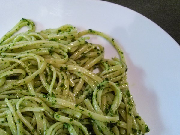 Garlic mustard pesto pasta