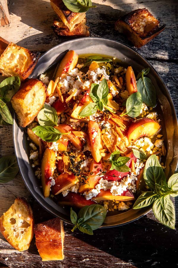 Garlic oil feta dip with peaches