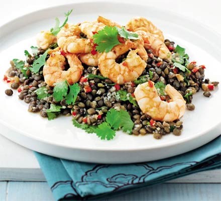 Garlic prawns with Asian Puy lentils