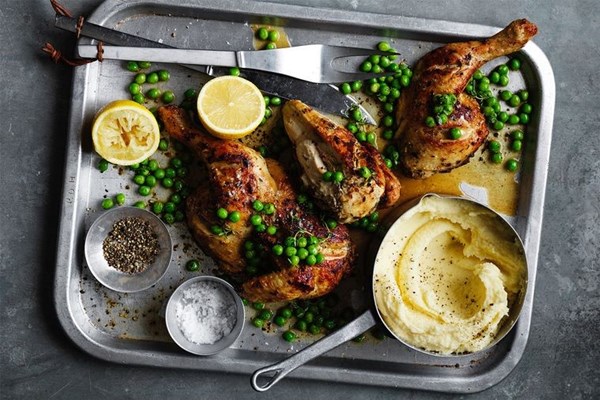 Garlic roast chicken with creamy parsnip mash