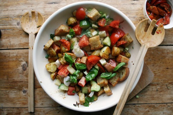 Garlic roasted potato and tomato panzanella salad
