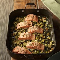 Garlic-roasted salmon & Brussels sprouts