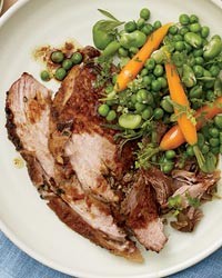 Garlic-rubbed pork shoulder with spring vegetables