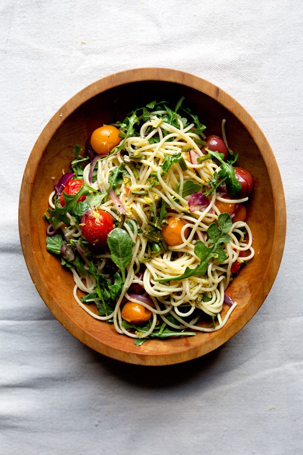 Garlic scape and cherry tomato pasta