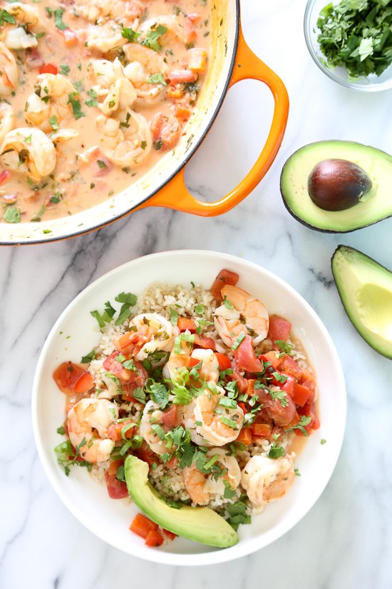 Garlic shrimp in coconut milk, tomatoes and cilantro