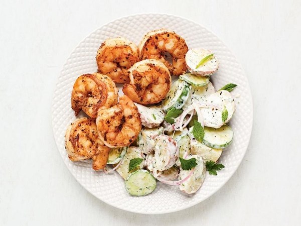 Garlic shrimp with potato-cucumber salad