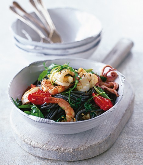 Garlic squid and prawns with black linguine
