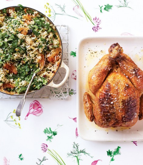 Garlic-stuffed chicken with pistachio, sour cherry and herb pilaf