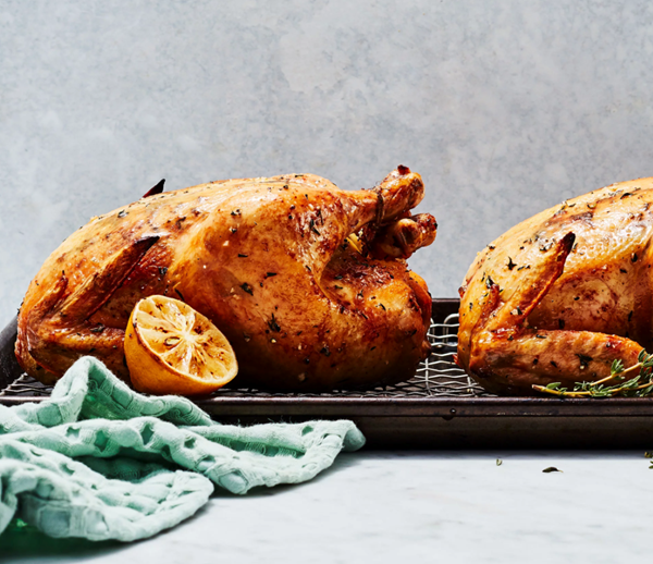 Garlic-thyme roasted chickens