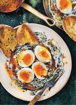 Garlic yogurt spinach with soft eggs & spiced butter