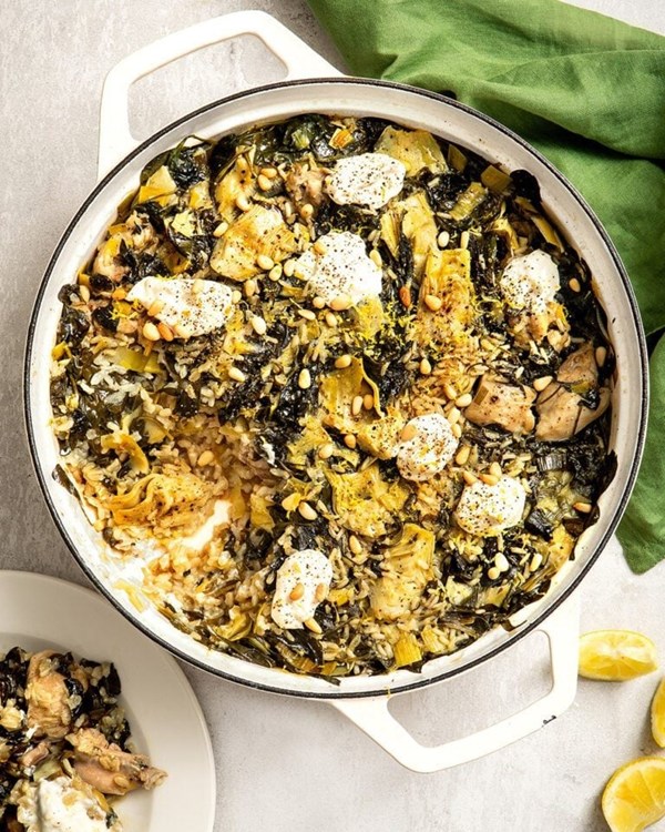 Garlicky artichoke, spinach and chicken rice