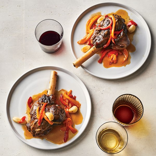 Garlicky braised lamb shanks with sweet peppers