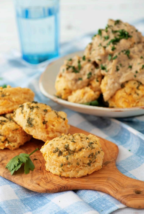 Garlicky cheddar biscuits with sausage gravy