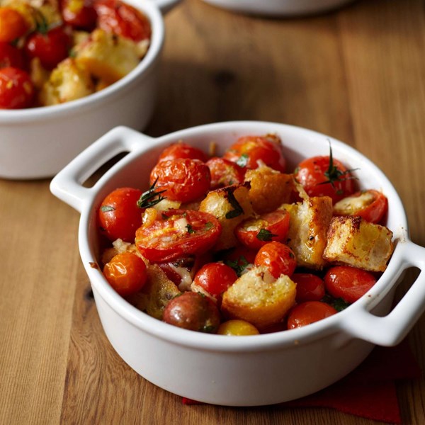 Garlicky cherry tomato and bread gratin [Jacques Pépin]