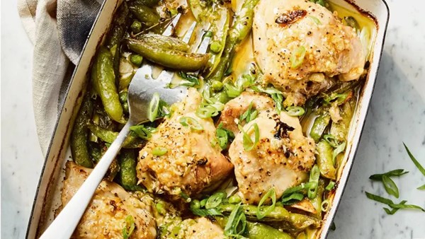 Garlicky chicken with sugar snap peas, pecorino, and lemon