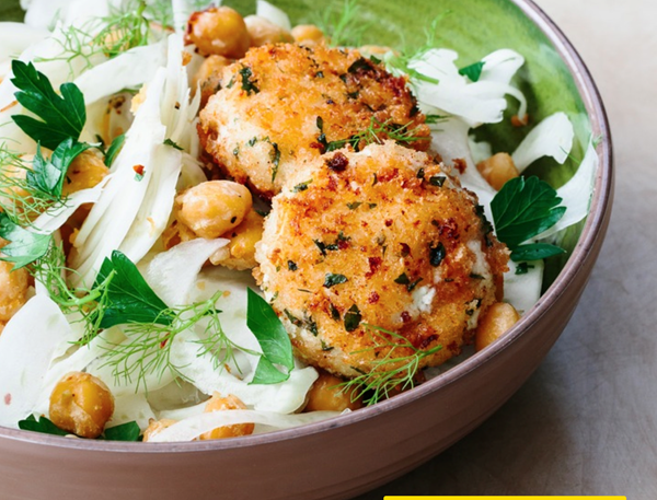 Garlicky chickpea and fennel salad with baked goat cheese