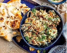 Garlicky courgettes & carrots in yogurt, with gherkins, toasted walnuts and pul biber oil