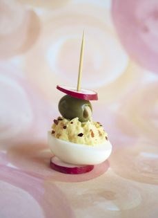 Garlicky deviled egg skewers