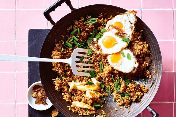 Garlicky fried rice with crispy pork