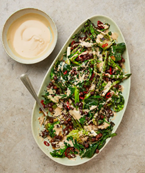Garlicky greens, black chickpeas and soy dressing