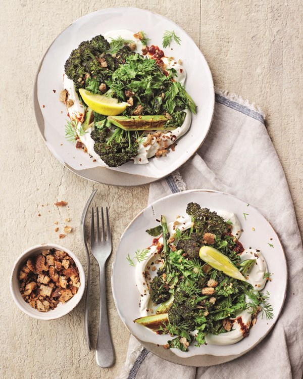 Garlicky greens with harissa yogurt and crunchy crumbs