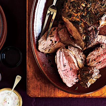 Garlicky leg of lamb with yogurt sauce