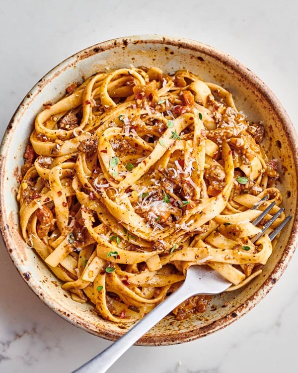 Garlicky mushroom Bolognese with fettuccine