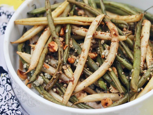 Garlicky oven-roasted green bean salad with hazelnuts and blue cheese