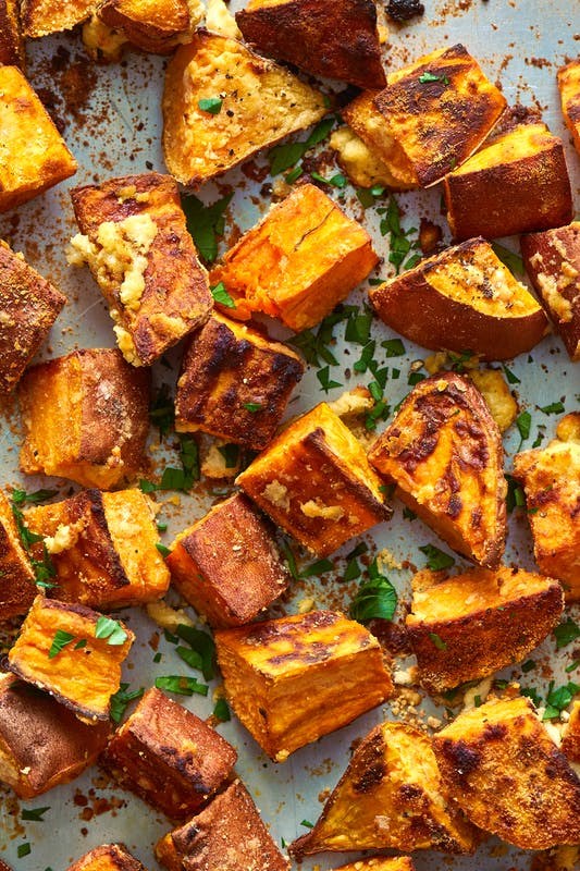 Garlicky Parmesan sweet potatoes