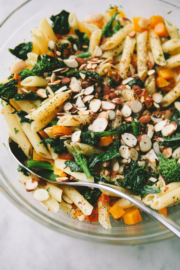 Garlicky penne with butternut squash, broccoli rabe and cannellini beans