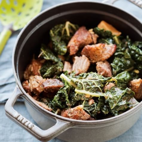 Garlicky pork & kale with white bean salad