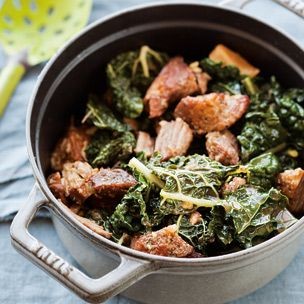 Garlicky pork shoulder with greens