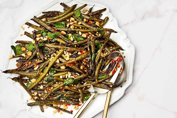 Garlicky roasted green beans with ginger and mint